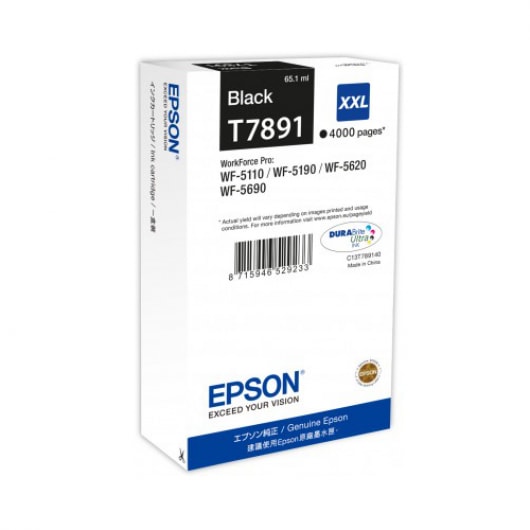 Epson Tinte T7891 Schwarz XXL für WF-5110 WF-5190 WF-5620 WF-5690, 65,1 ml, 4.000 Seiten
