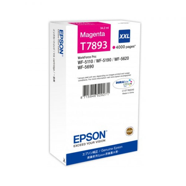 Epson Tinte T7893 Magenta XXL für WF-5110 WF-5190 WF-5620 WF-5690, 34,2 ml, 4.000 Seiten