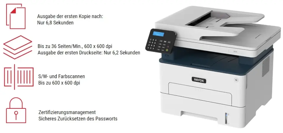 Xerox B225 Schwarzweiß-Multifunktionsdrucker Features