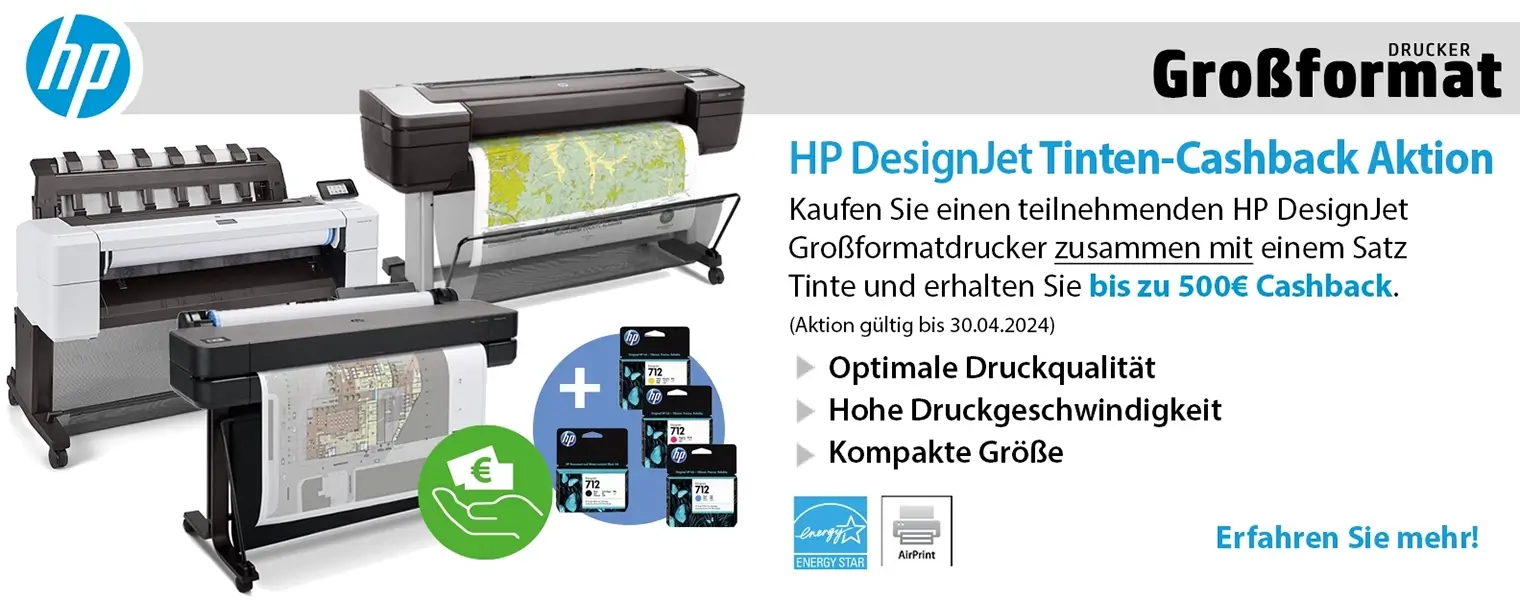 HP Tinten-Cashback Aktion für viele Modelle der T-Serie