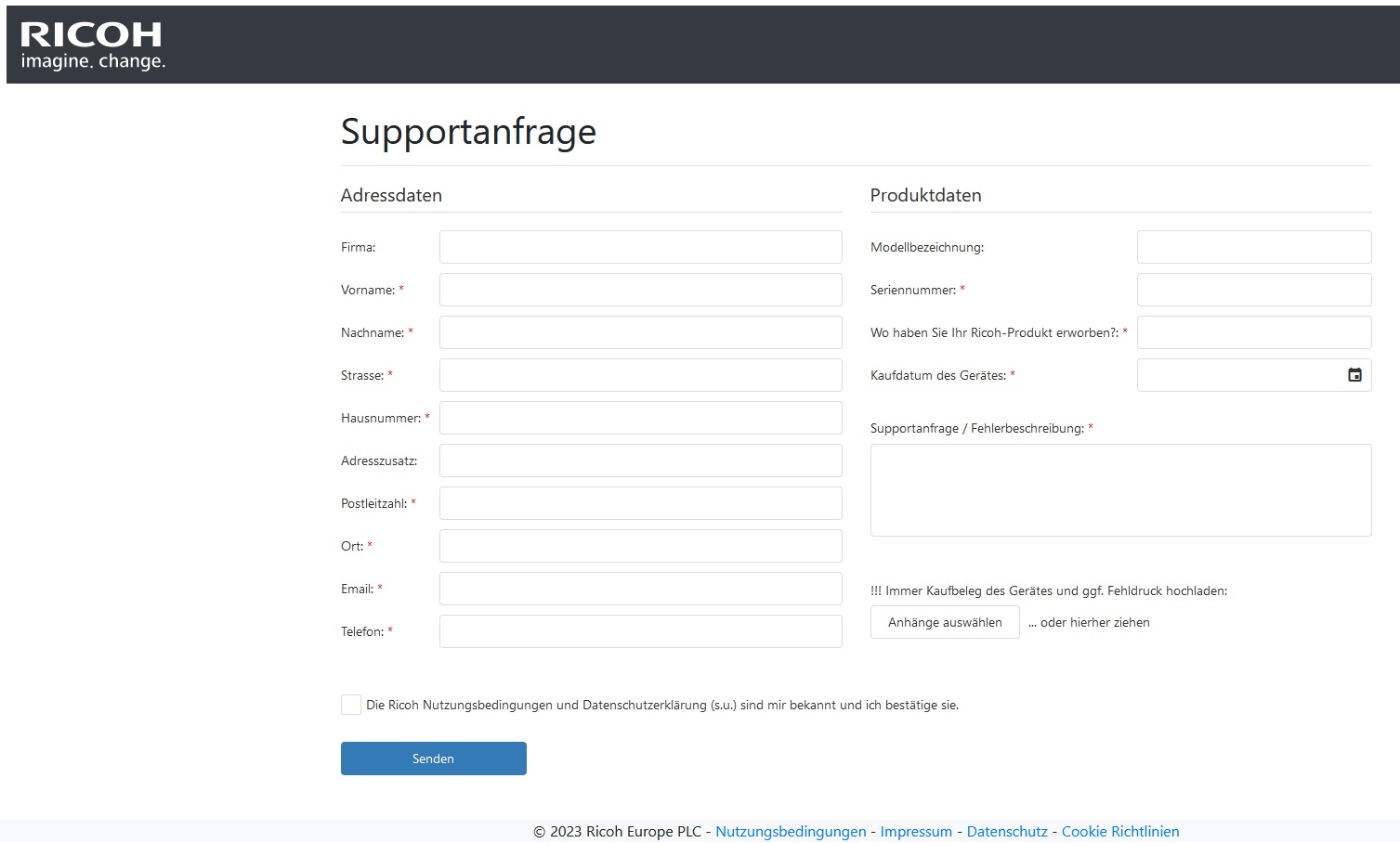 Ricoh Portal für Supportanfragen an das Ricoh Service-Team